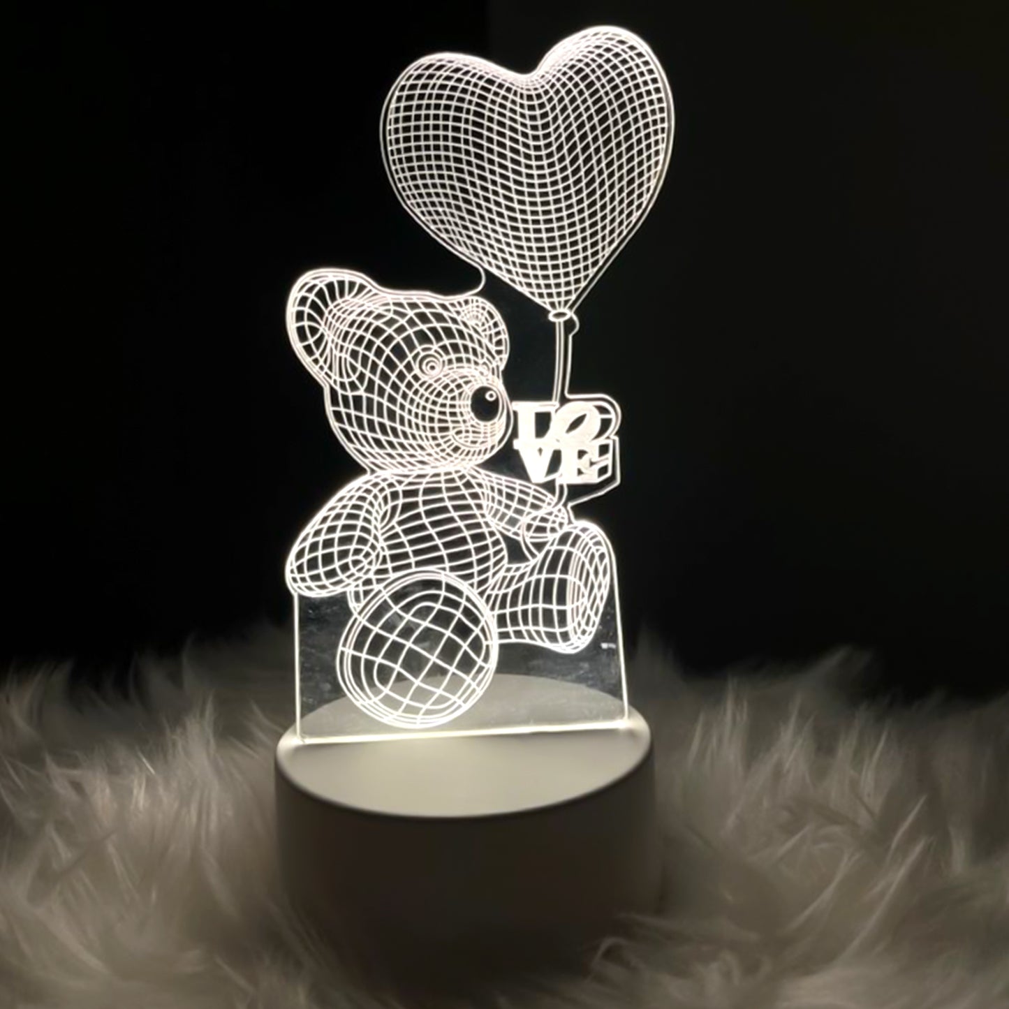 3d Illusion Led Night Lamp With Teddy Bear Holding Heart Design