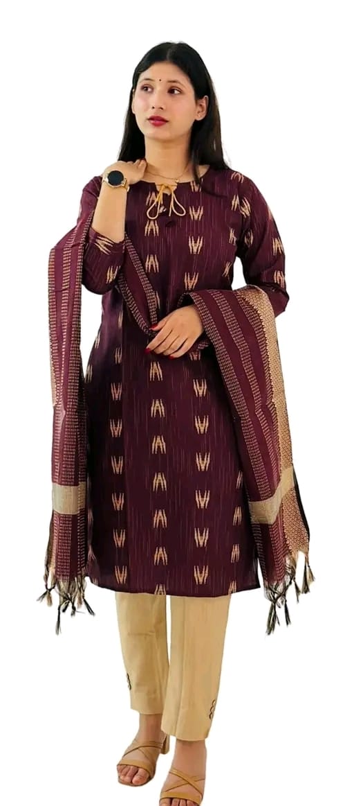 Women's Cotton Kurta Pant Set with Dupatta-Maroon