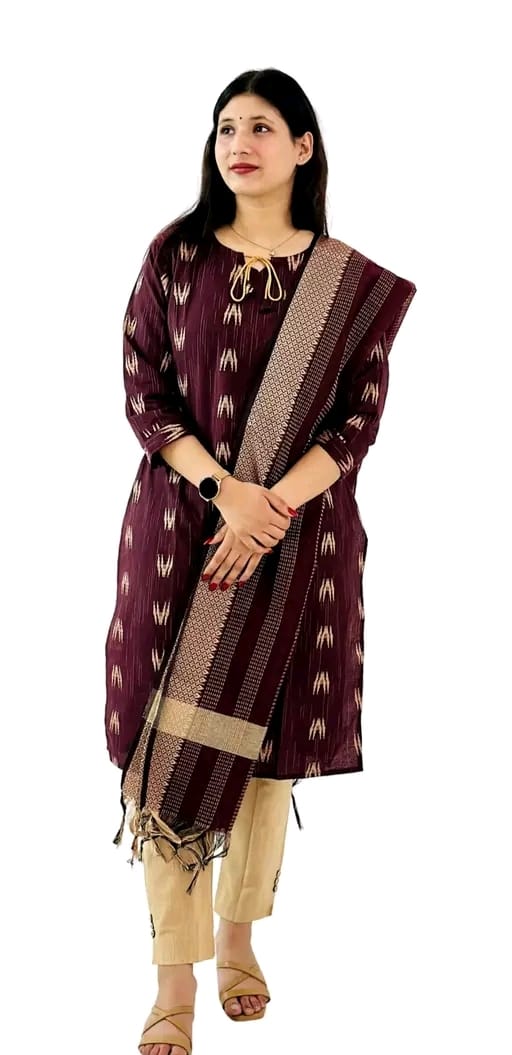 Women's Cotton Kurta Pant Set with Dupatta-Maroon