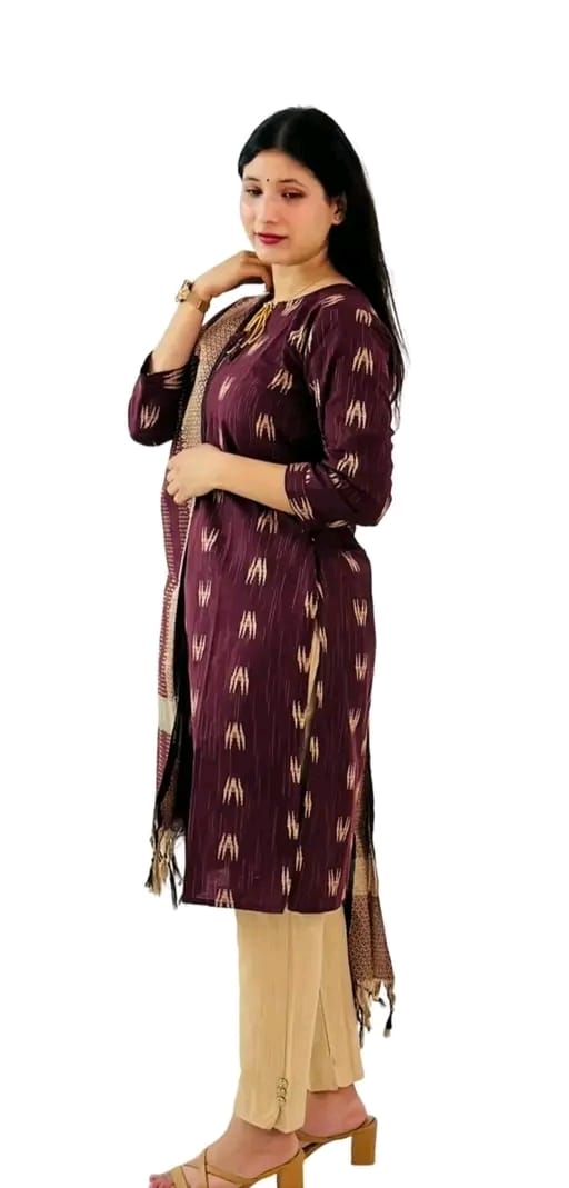 Women's Cotton Kurta Pant Set with Dupatta-Maroon