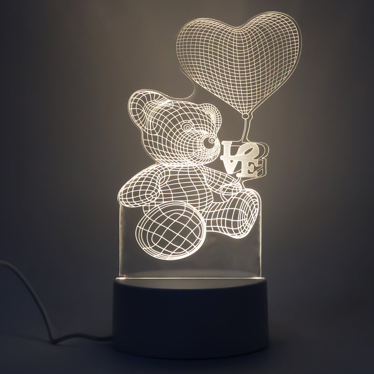 3d Illusion Led Night Lamp With Teddy Bear Holding Heart Design