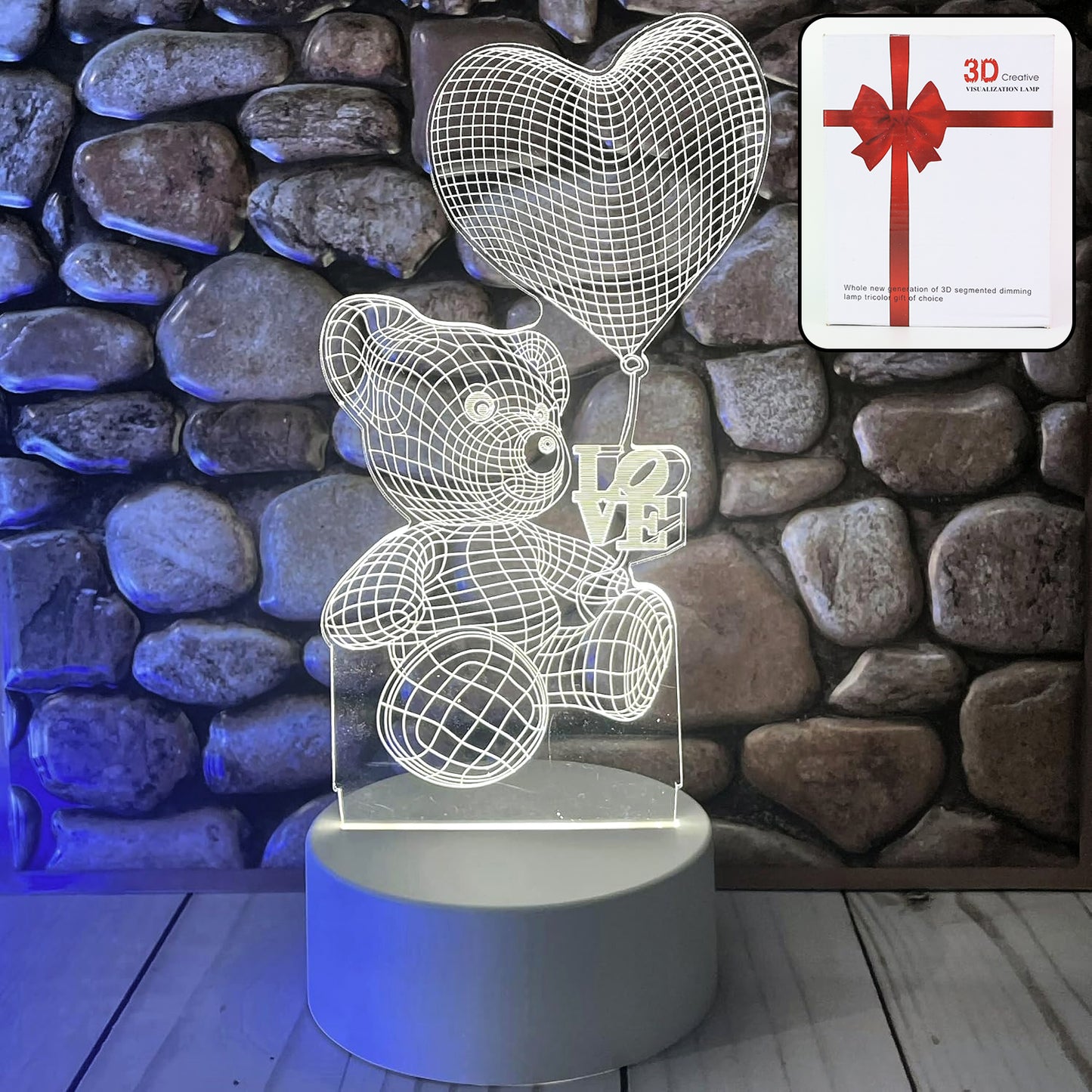 3d Illusion Led Night Lamp With Teddy Bear Holding Heart Design